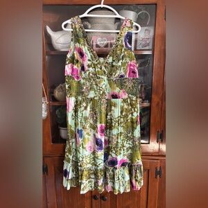 Pink Apple 🍎 Lg. Olive Green Floral Midi Dress with Pink & Purple Blooms Cotton